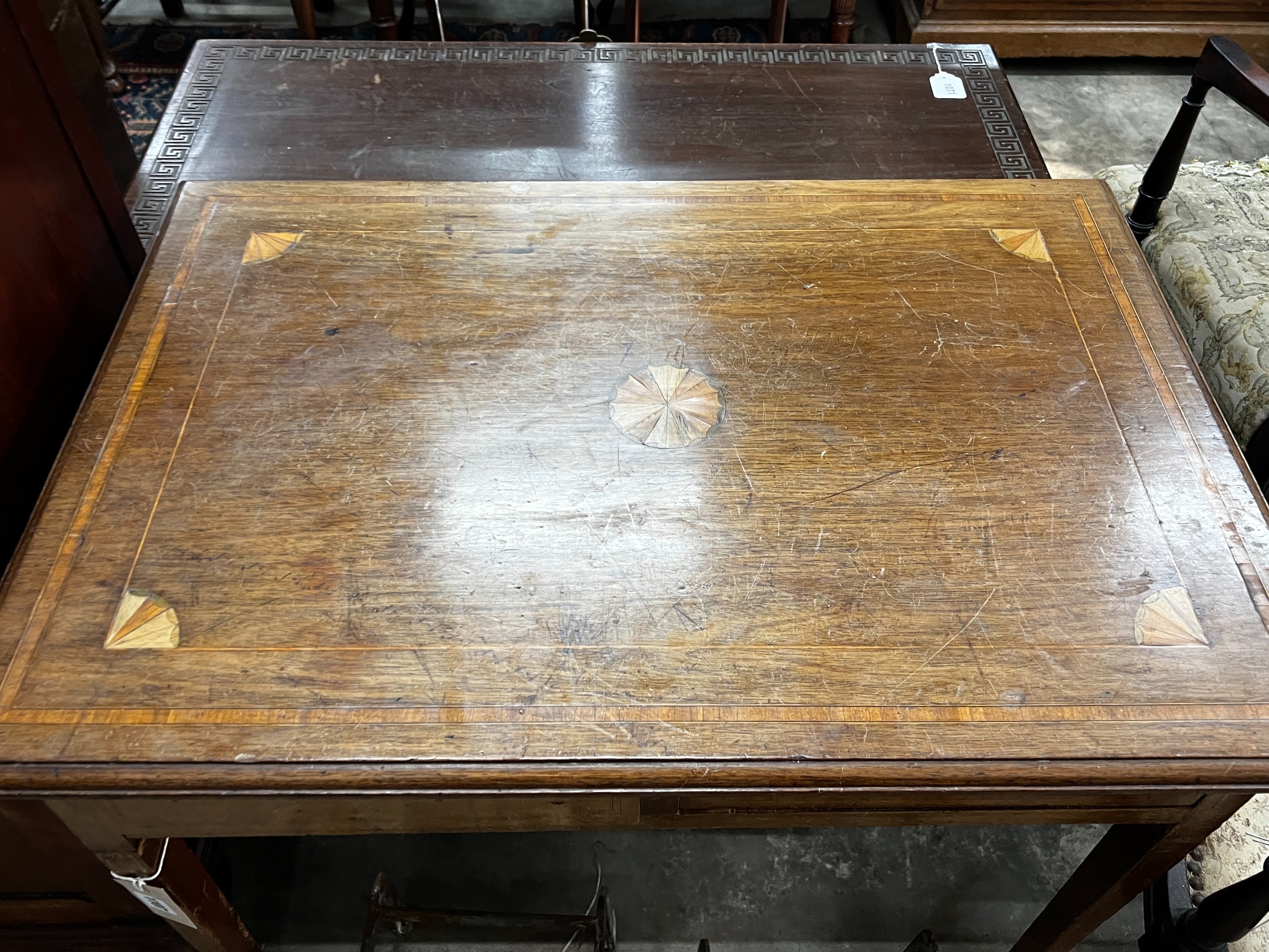 An Edwardian inlaid mahogany two drawer side table, width 75cm, depth 52cm, height 74cm